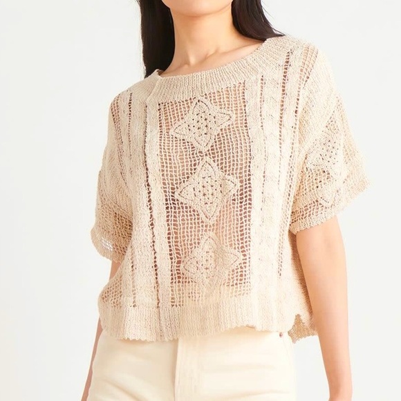 Zara cream open knit crocheted, short sleeve top - Picture 1 of 13